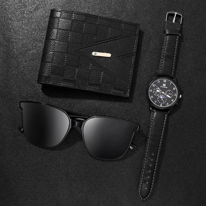 Retro Black Men's Quartz Watch with Business Accessories