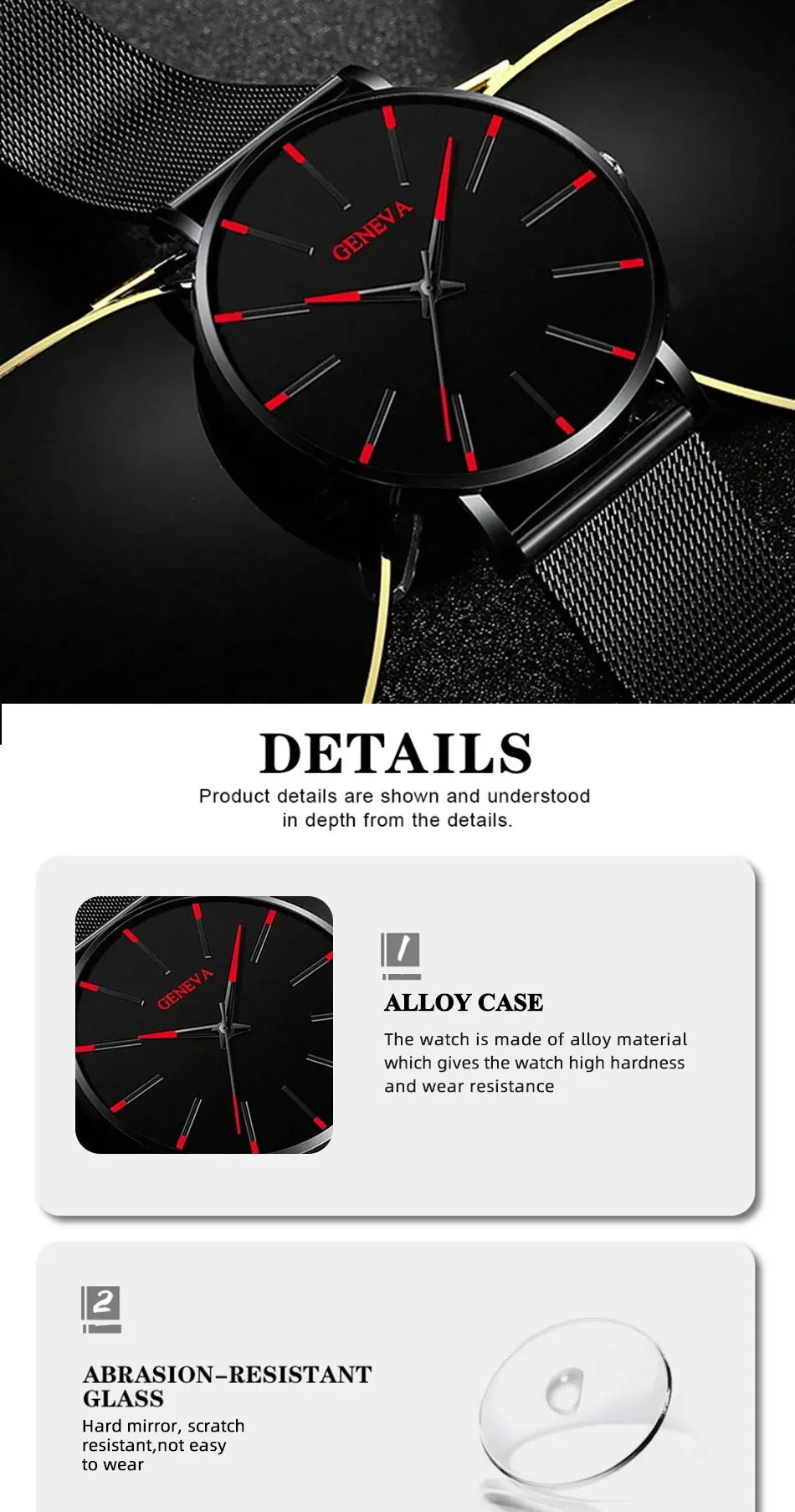 5PCS Luxury Black Stainless Steel Quartz Watch with Bracelet Set