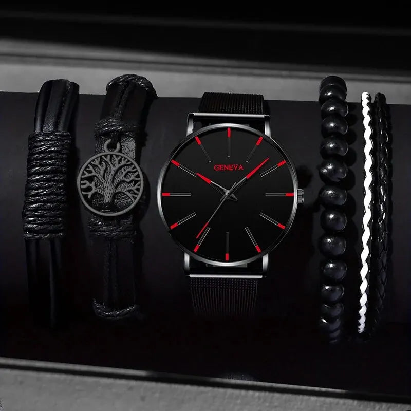 5PCS Luxury Black Stainless Steel Quartz Watch with Bracelet Set