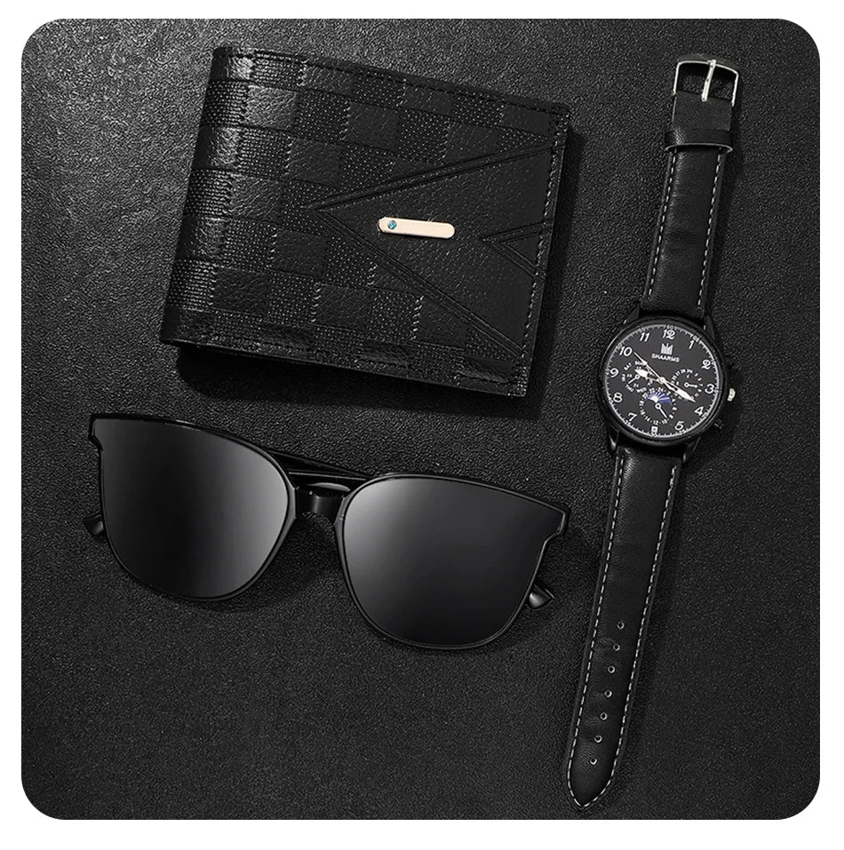 Retro Black Men's Quartz Watch with Business Accessories