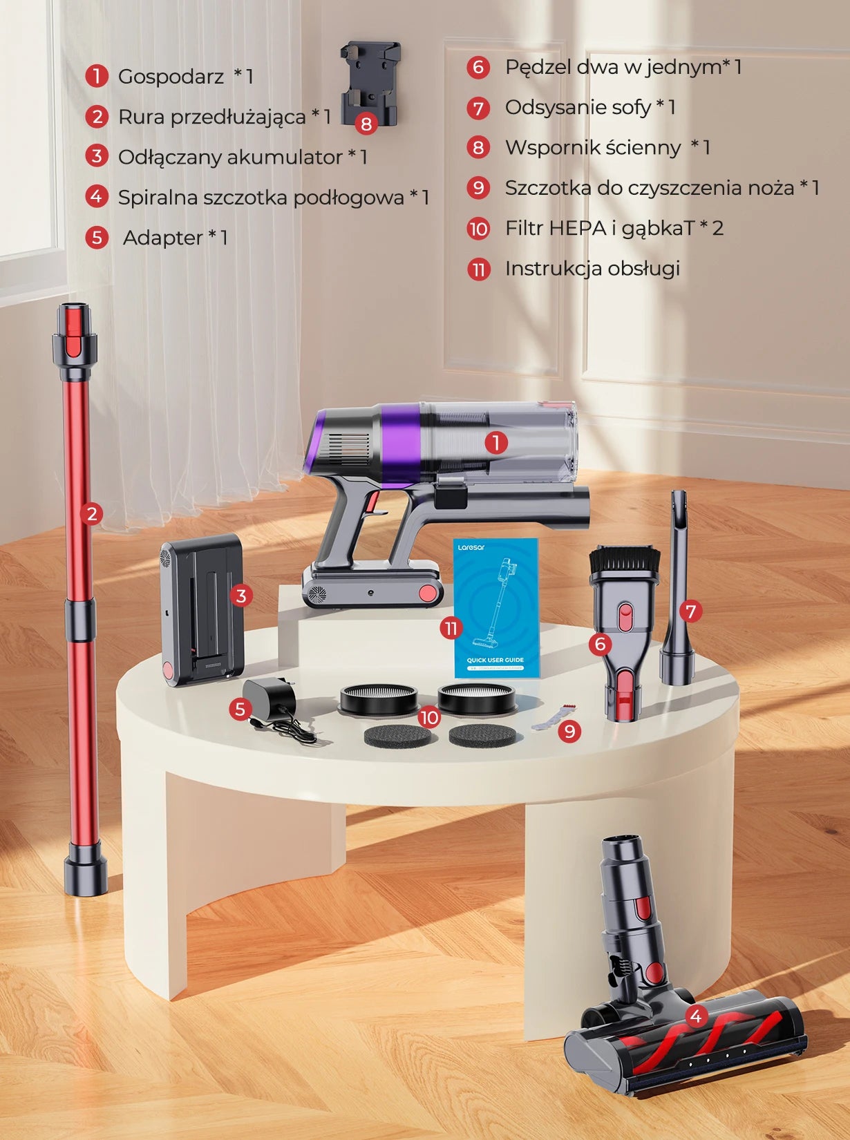 Laresar V8 500W 48kpa domestic wireless cordless vacuum cleaner 1.5L removable battery dust cup