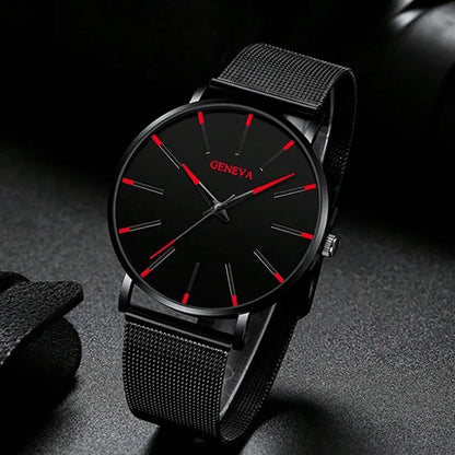 5PCS Luxury Black Stainless Steel Quartz Watch with Bracelet Set