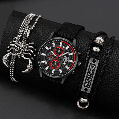 3PCS Set: Men's Quartz Watch with Necklace and Bracelet