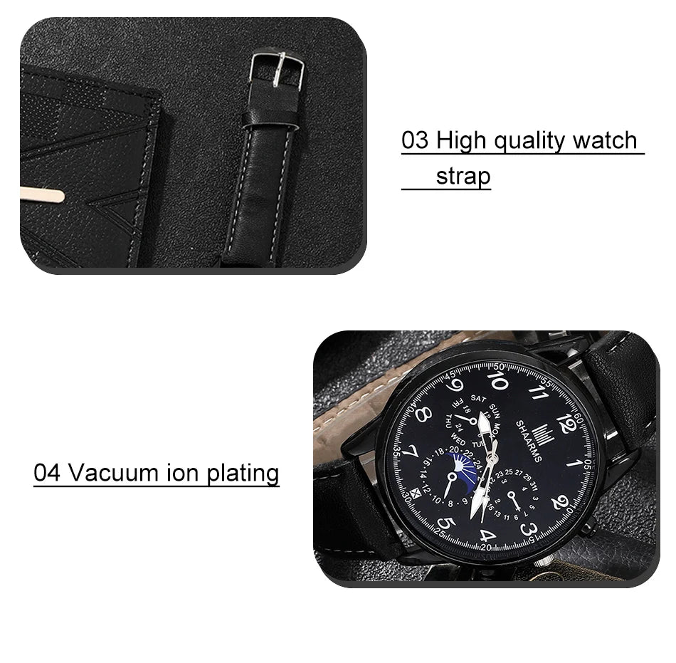 Retro Black Men's Quartz Watch with Business Accessories