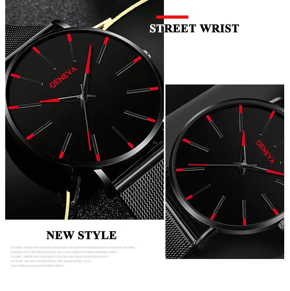 5PCS Luxury Black Stainless Steel Quartz Watch with Bracelet Set