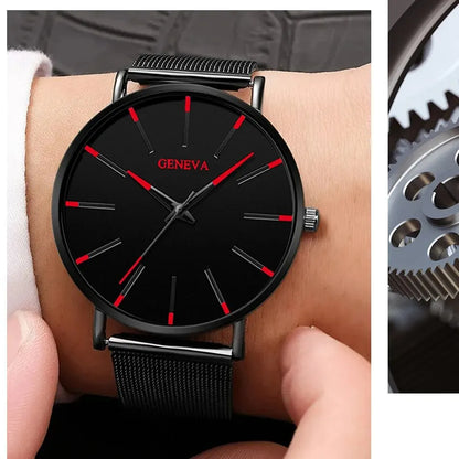 5PCS Luxury Black Stainless Steel Quartz Watch with Bracelet Set