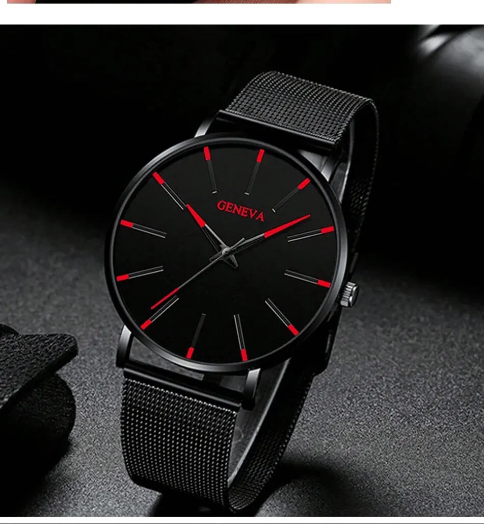 5PCS Luxury Black Stainless Steel Quartz Watch with Bracelet Set