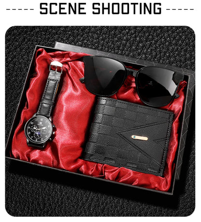 Retro Black Men's Quartz Watch with Business Accessories