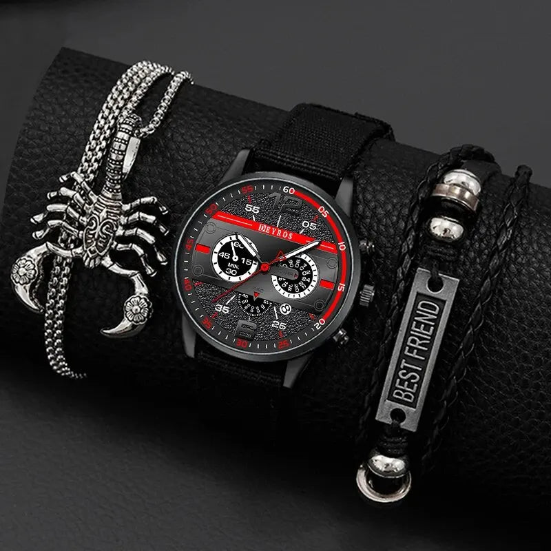 3PCS Set: Men's Quartz Watch with Necklace and Bracelet