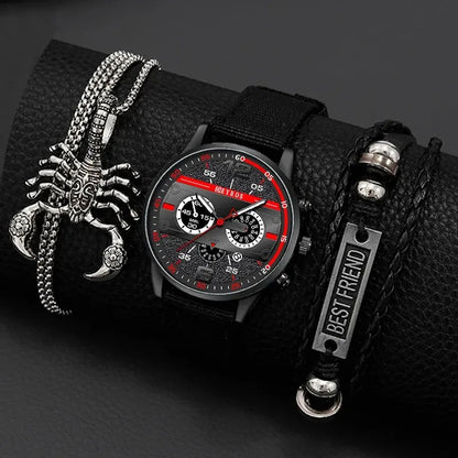 3PCS Set: Men's Quartz Watch with Necklace and Bracelet