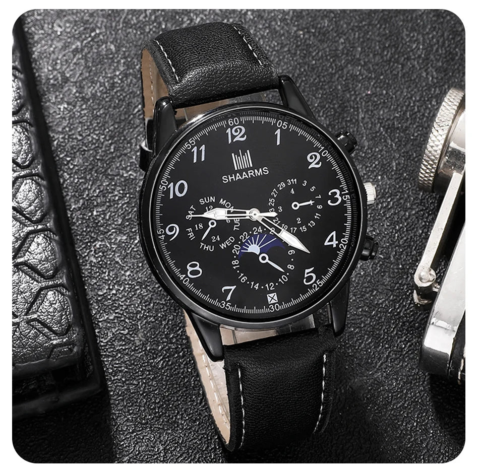 Retro Black Men's Quartz Watch with Business Accessories