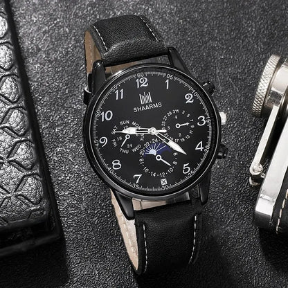 Retro Black Men's Quartz Watch with Business Accessories