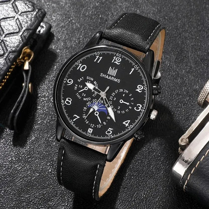 Retro Black Men's Quartz Watch with Business Accessories