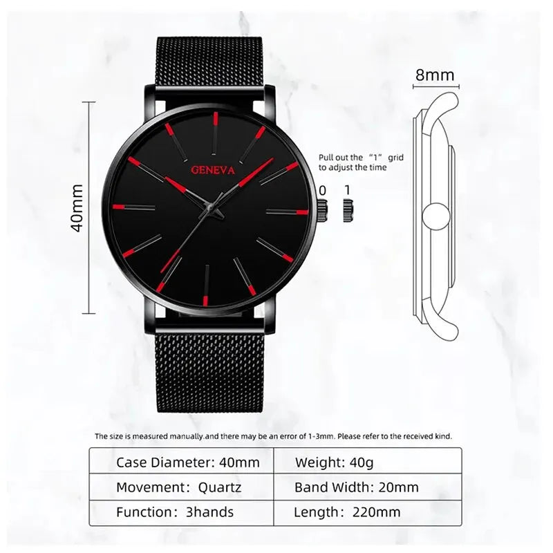 5PCS Luxury Black Stainless Steel Quartz Watch with Bracelet Set