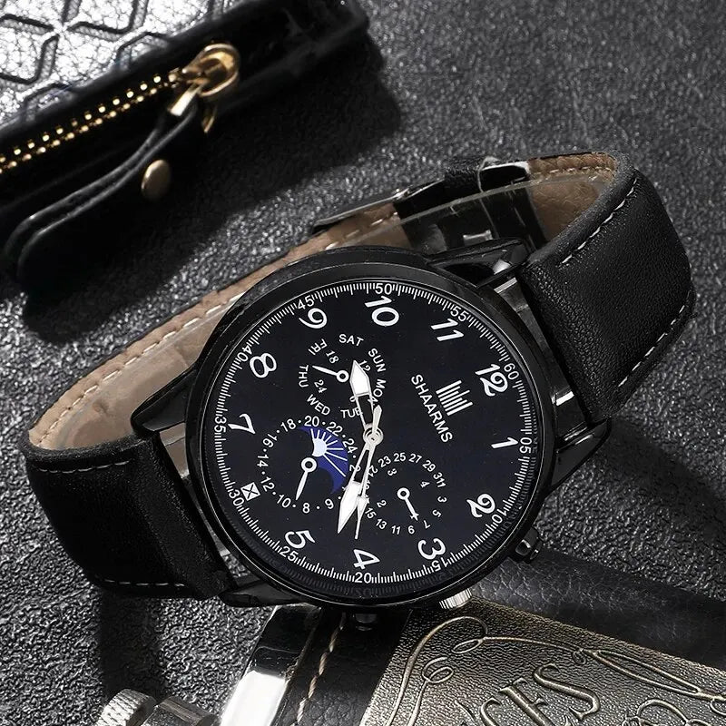 Retro Black Men's Quartz Watch with Business Accessories