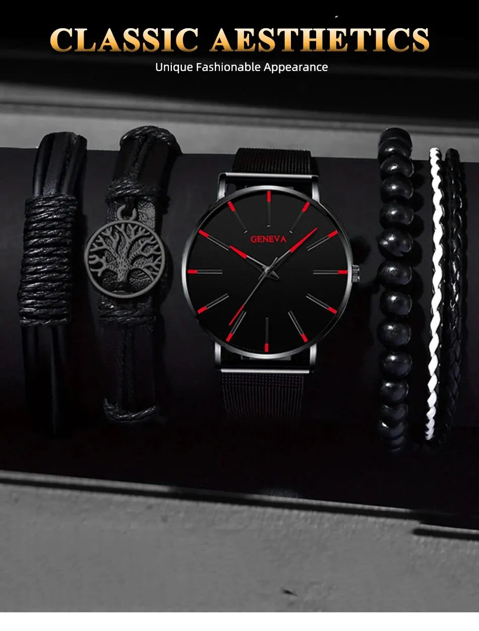 5PCS Luxury Black Stainless Steel Quartz Watch with Bracelet Set